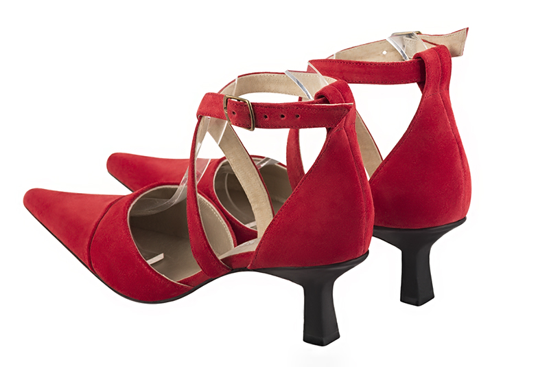 Cardinal red women's open side shoes, with crossed straps. Pointed toe. Medium spool heels. Rear view - Florence KOOIJMAN